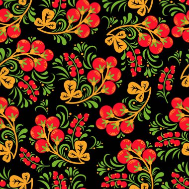 Khokhloma seamless pattern with berries and leaves on black background. clipart