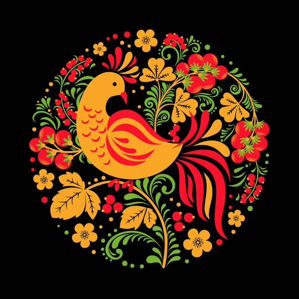 Hohloma pájaro con adorno floral sobre fondo negro en forma redonda . — Vector de stock