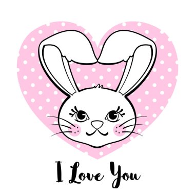 Beyaz arka planda kalbi olan sevimli bir tavşan. Tişört baskısı, giysi, bebek partisi posterleri ya da tebrik kartları için tasarım öğesi. Aşk konsepti. Vektör illüstrasyonu.