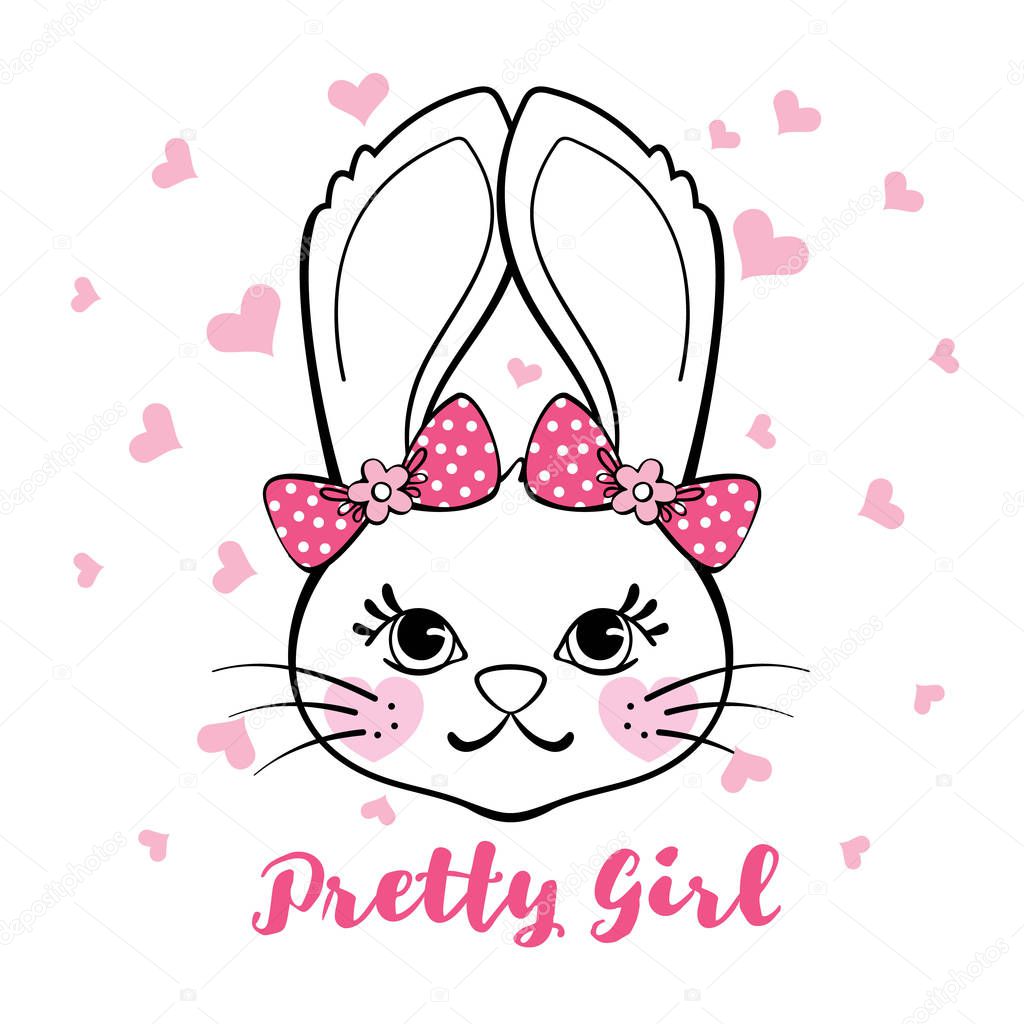 Cute bunny girl with bows and hearts isolated on white background. Design element for t-shirt print, apparel, baby shower posters or greeting cards. Vector illustration.