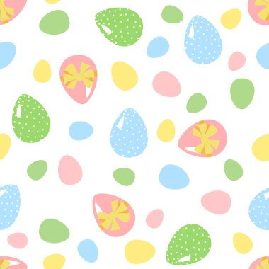 Paskalya desensiz, beyaz arka planda şirin renkli yumurtalar. Tekstil, kumaş, ambalaj veya duvar kağıdı için tasarım ögesi.