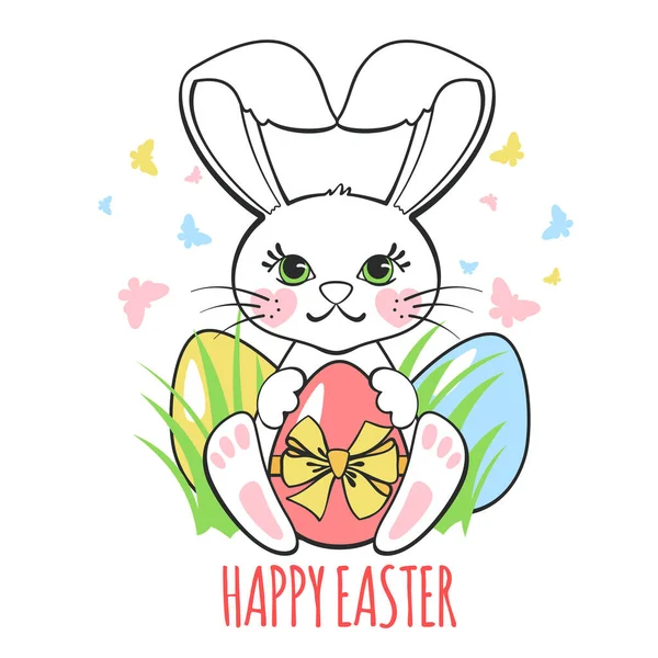 带着可爱复活节兔子的贺卡 蛋和蝴蝶在白色背景上被隔离了 复活节快乐海报或横幅 — 图库矢量图片
