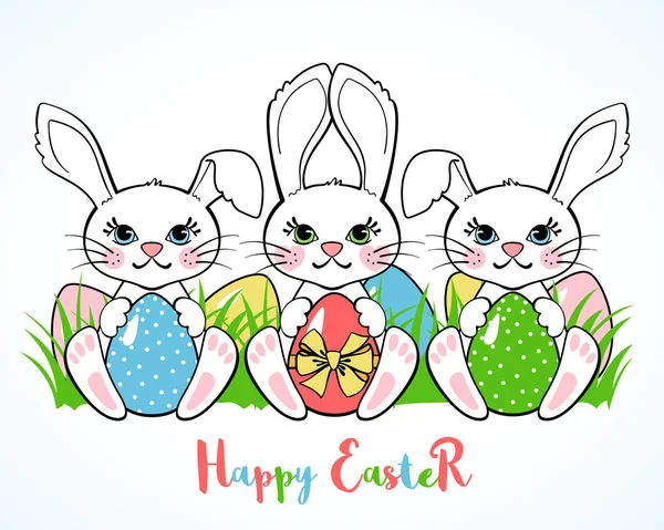 Greeting Card Cute Easter Bunny Eggs Isolated White Background Happy — Stock Vector
