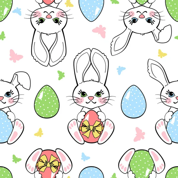 复活节无缝图案与兔子 蛋和蝴蝶隔离在白色背景 纺织品 包装材料或墙纸的设计元件 — 图库矢量图片