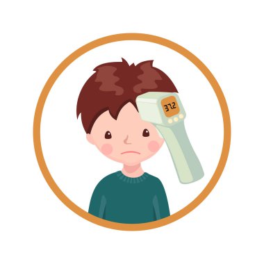 Temassız kızılötesi termometresi olan bir çocuk beyaz arka planda izole edilmiş. Çizgi film tarzında görüntü. Vektör illüstrasyonu.