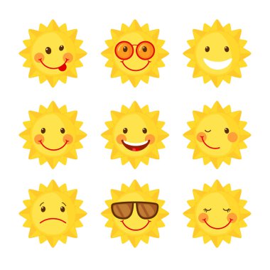 Beyaz arkaplanda izole edilmiş düz stil şirin Sun simgeleri. Emoji. Gülen karikatür yaz simgeleri. Vektör illüstrasyonu.