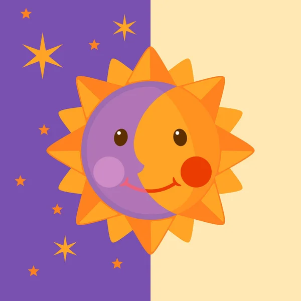 Funny Moon Sun Icon Flat Style Day Night Concept Vector — Stock Vector