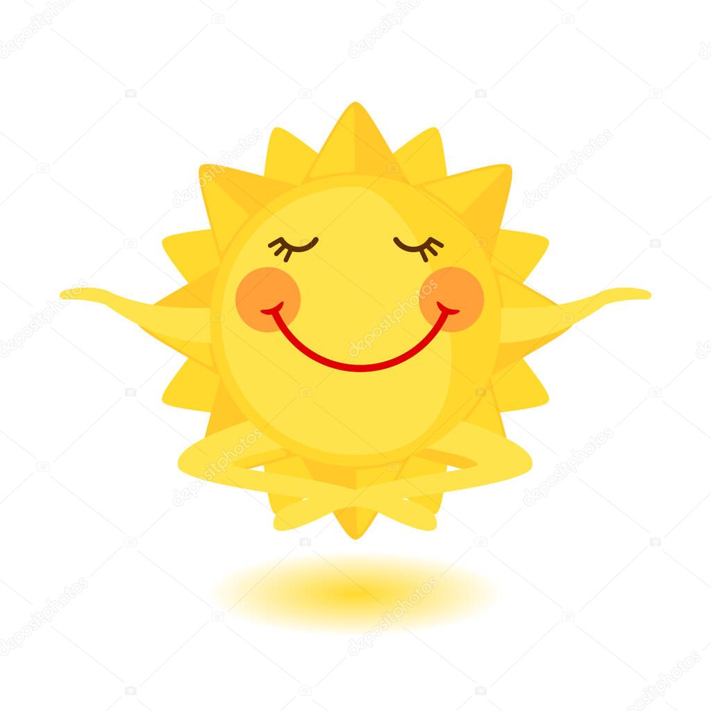 Cute sun is meditating in flat style isolated on white background. Summer Icon in flat style. Vector illustration.