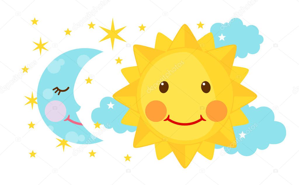 Cute Moon and Sun icons in flat style isolated on white background. Day and night concept. Vector illustration.