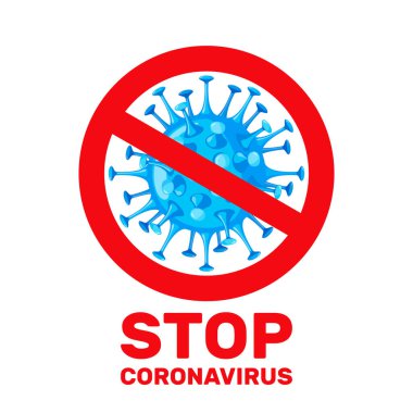 Coronavirus simgesi -2019-nCov 'u kırmızı yasak işareti ve beyaz arkaplanda izole edilmiş düz stil farkındalık ifadesiyle durdur. Koronavirüs karantinası kavramı. Vektör illüstrasyonu.