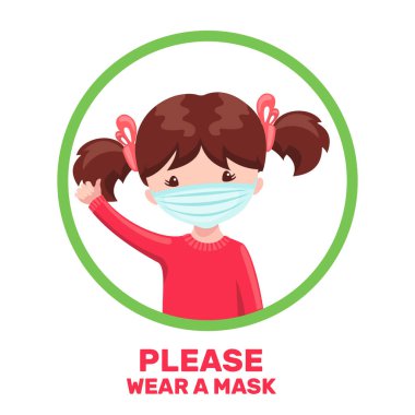 Beyaz arka planda karikatür tarzında maske takan tatlı bir kız. Afiş maskeli insanların olduğu afiş veya afiş. Vektör illüstrasyonu.