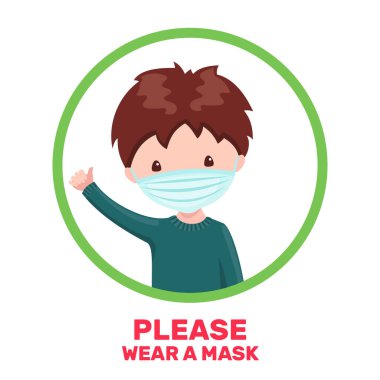 Beyaz arka planda karikatür tarzında maske takan yakışıklı bir çocuk. Afiş maskeli insanların olduğu afiş veya afiş. Vektör illüstrasyonu.