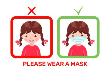 Maskesiz ve maskesiz şirin bir kız beyaz arka planda izole edilmiş. Afiş maskeli çocuk afişi ya da afişi. Salgın hastalık kavramını durdurun. Vektör illüstrasyonu.