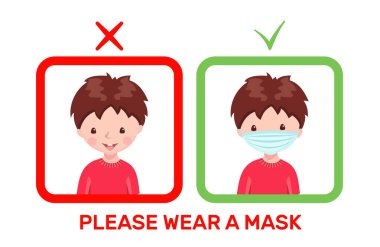 Maskesiz ve maskesiz yakışıklı bir çocuk beyaz arka planda izole edilmiş. Afiş maskeli çocuk afişi ya da afişi. Salgın hastalık kavramını durdurun. Vektör illüstrasyonu.