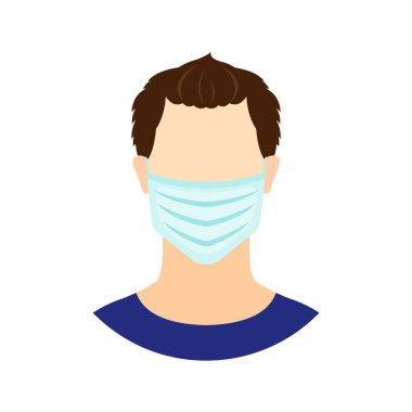 Beyaz arka planda izole edilmiş, tıbbi maskeli bir adam simgesi. Bacalı maskeli insanlar. Salgın ve alerji kavramını durdur. Vektör illüstrasyonu.