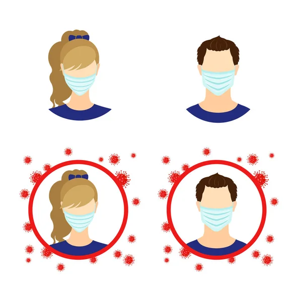 Conjunto Iconos Hombre Mujer Con Máscara Médica Estilo Plano Aislado — Vector de stock