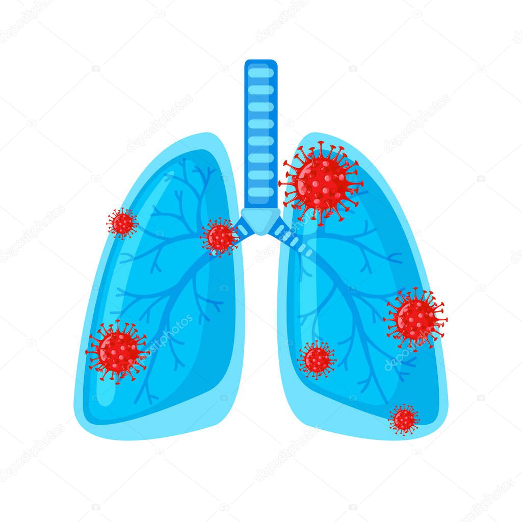 Human lungs icon with Coronavirus Bacteria in flat style isolated on white background. Covid-19 in the lung. The coronavirus causes the severe illness SARS . Vector illustration.
