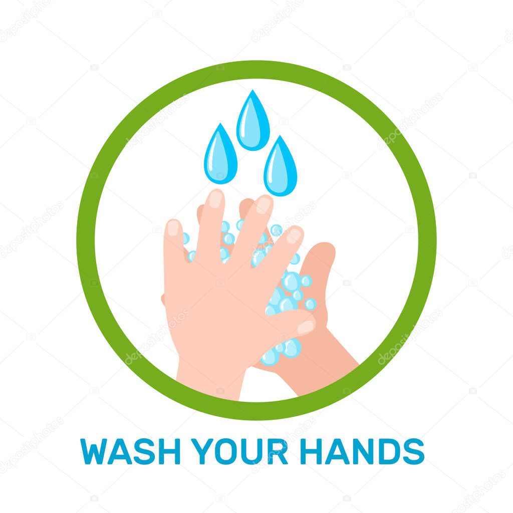 Wash your hands icon in flat style isolated on white background. Hygiene rules concept. Coronovirus epidemic protective equipment. Covid-19 poster. Vector illustration.