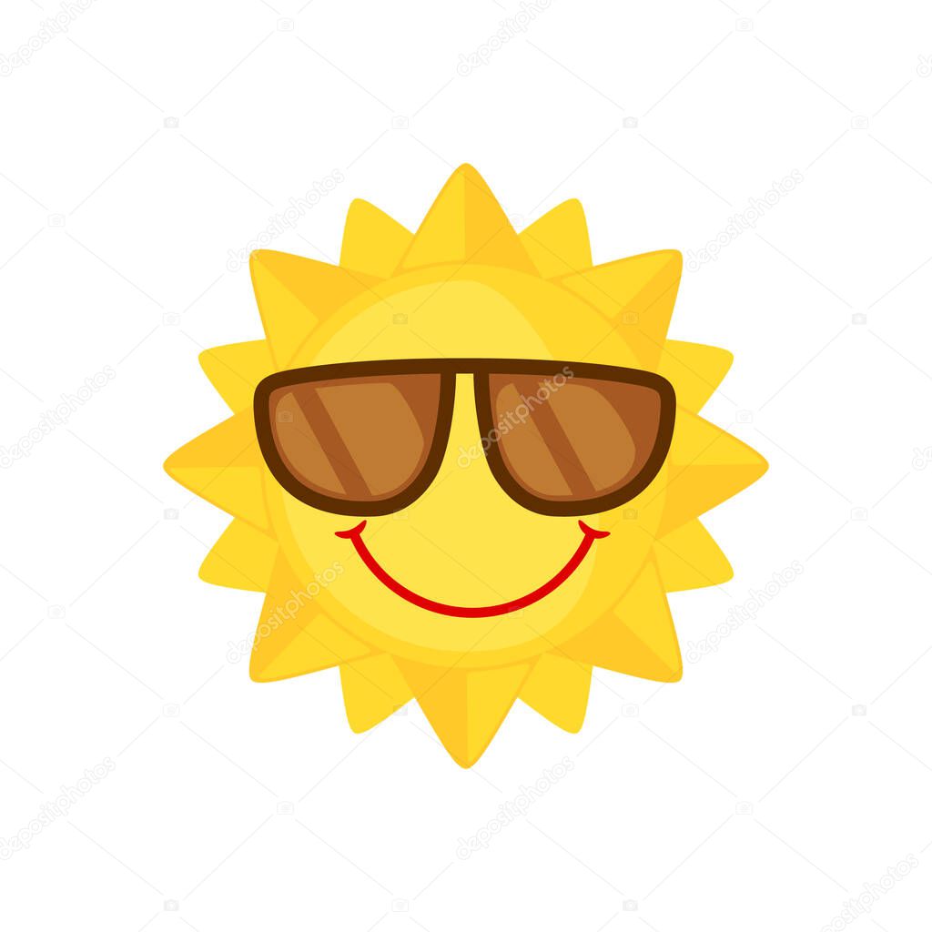 Funny Sun with sunglasses icon in flat style isolated on white background. Smiling cartoon sun. Vector illustration.