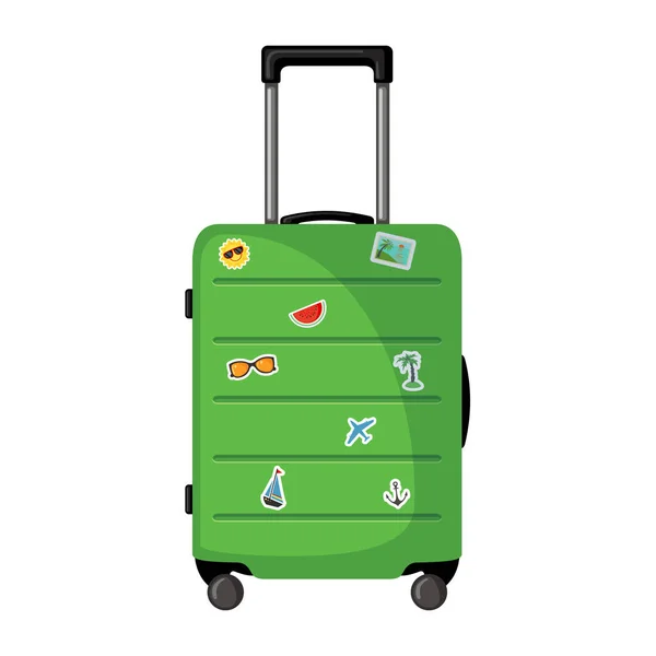 Reiskoffer Met Wielen Stickers Platte Stijl Geïsoleerd Witte Achtergrond Groene — Stockvector