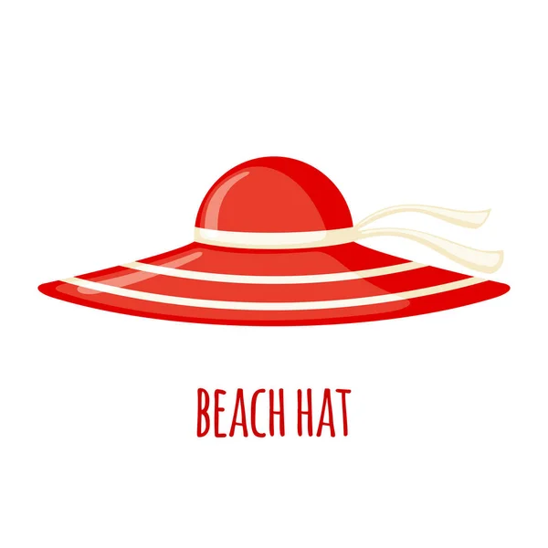 Red Beach Hat Icon Ribbon Flat Style Isolated White Background — Stock Vector
