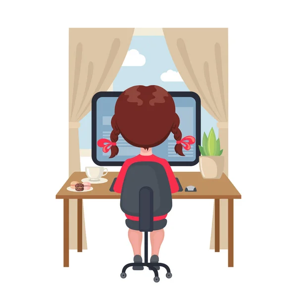 소녀는 식탁에 앉아서 컴퓨터로 공부하고 있습니다 온라인 개념은 그라운드에서 분리되어 — 스톡 벡터