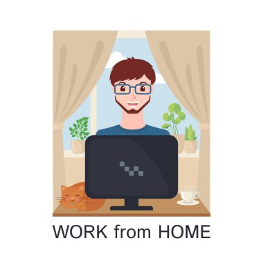 Evde bilgisayarla çalışan genç bir adam. Kedi ve bir fincan çay ya da kahve ile serbest çalışan erkek karakter. Ana ofis kavramı. Vektör illüstrasyonu..