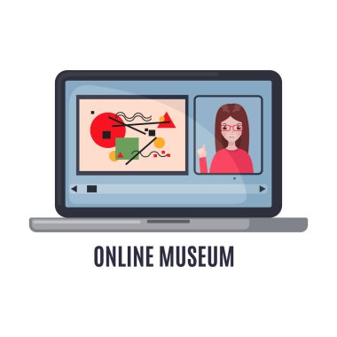 Ekranda resim rehberi olan dizüstü bilgisayar monitörü beyaz arkaplanda düz bir şekilde izole edilmiş. Online müze konsepti. Evde kal. Çevrimiçi gezi. Vektör illüstrasyonu.
