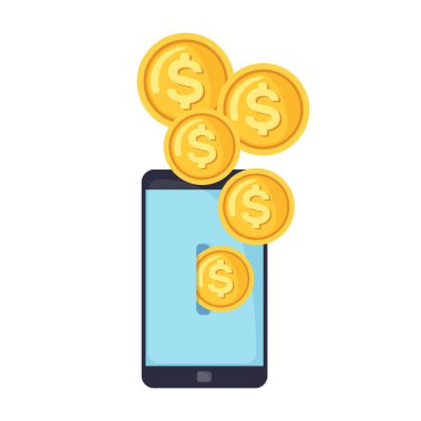 Cep telefonu ekranındaki deliğe dolar paraları düşüyor. Düz biçimde beyaz arkaplanda izole edilmiş simge. Para yatırmak ya da online iş konsepti. Vektör illüstrasyonu.