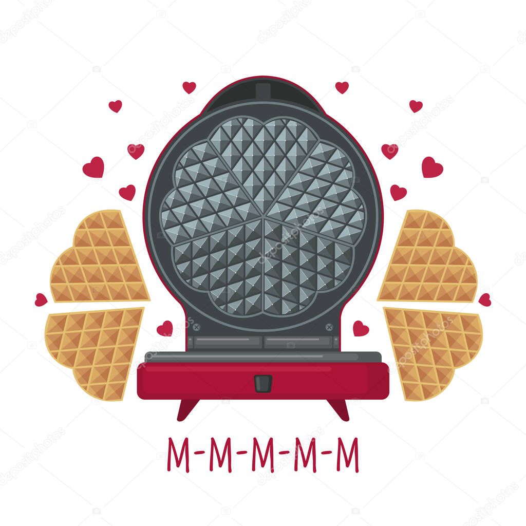 Waffle iron with waffles in the shape of hearts in a cartoon style isolated on white background. Tasty dessert. Vector illustration.