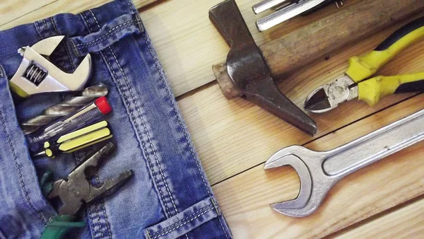 Herramientas Banco Sobre Fondo Madera — Foto de Stock