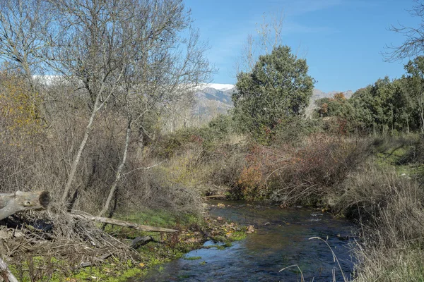 在西班牙马德里省的 Cerceda Fuentiduena 流的看法 在背景它可以看见 Guadarrama — 图库照片