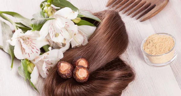 Hair soapnuts ayurvedic powder and comb — Stock Photo, Image