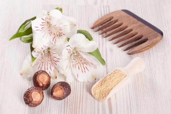 Comb flowers soapnuts and mustard powder — Stock Photo, Image