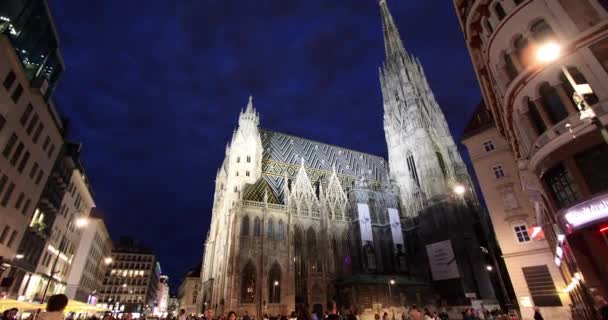 Night view on Stefansplatz and Stefansdome — Stockvideo