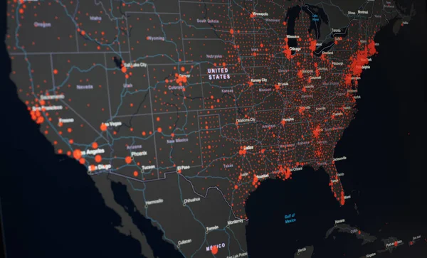 EUA mapa de Coronavirus, Close-up países com Covid-19, Covid 19 mapa casos confirmados relatório globalmente — Fotografia de Stock