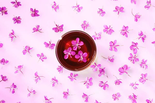 Bela composição de chá de erva-salgueiro e flores frescas — Fotografia de Stock