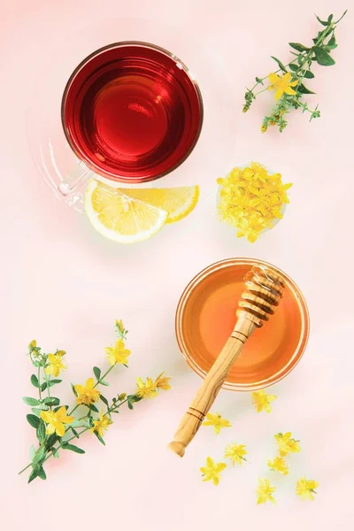 Chá de ervas, mel, limão e flores frescas de erva Saint Johns — Fotografia de Stock
