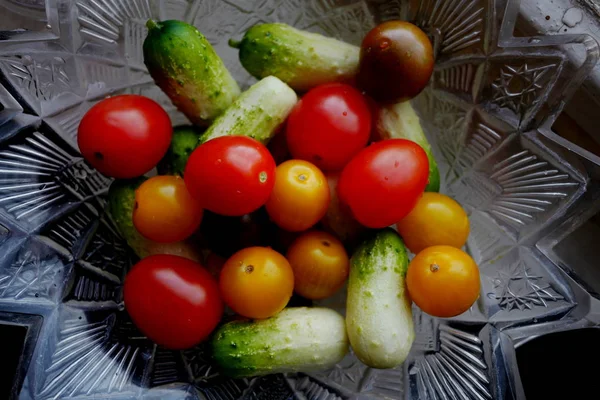 Frische Tomaten Und Gurken Gewaschenes Gemüse Einem Teller — Stockfoto