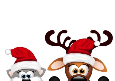 Noel kartı. Ren geyiği ve kedi.