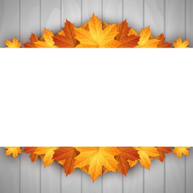 Sonbahar yaprakları ile ahşap arka plan. Metin için yer. Vektör çizim