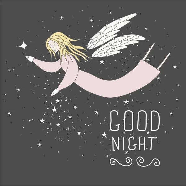 Fliegende Fee im Nachthimmel Vektor Illustration. Gute Nacht — Stockvektor