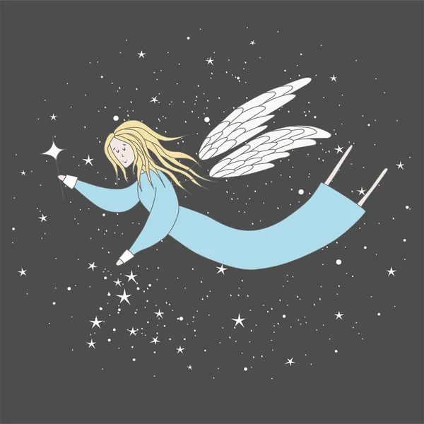 Flying fairy in night sky vector illustration. Hand drawn elements for your designs dress, poster, card, t-shirt — Stock Vector