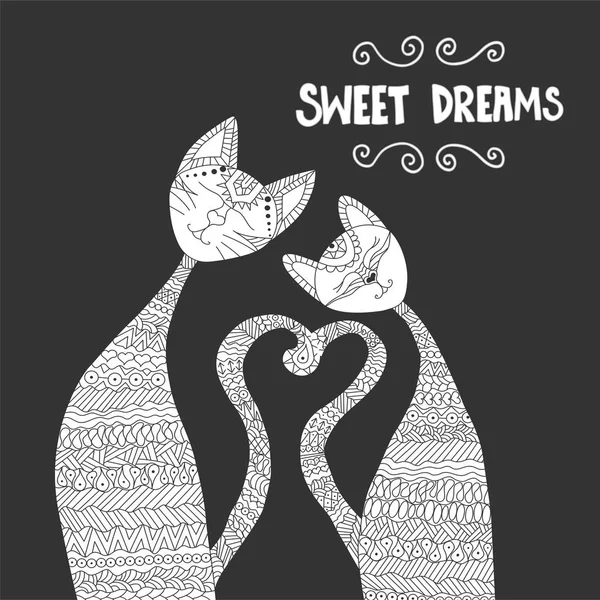 Dois gatos apaixonados. Livro de colorir anti-stress. Elementos desenhados à mão para seus desenhos vestido, cartaz, cartão, t-shirt . —  Vetores de Stock