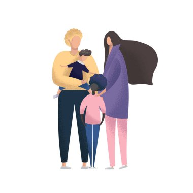 Evlatlık çocukları olan mutlu genç bir çift. Çok ırklı bir aile. Evlat edinme vektörü illüstrasyonu