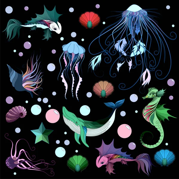 海洋生物のイラスト セット — ストックベクタ