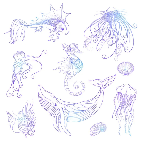 Marine life set, sea and ocean creatures — Stock Vector