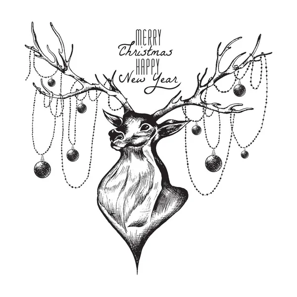Bonne année carte postale avec cerf mignon — Image vectorielle