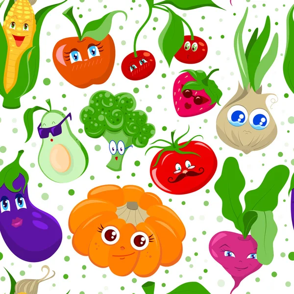 Шаблон с смешными фруктами и овощами мультфильма — стоковый вектор