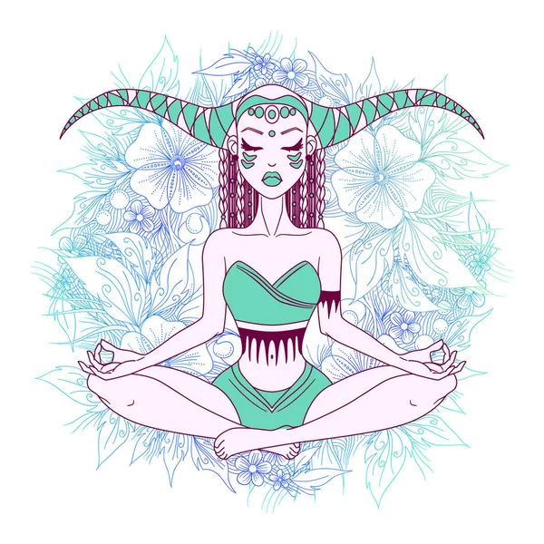 Flicka med horn på huvudet mediterar — Stock vektor